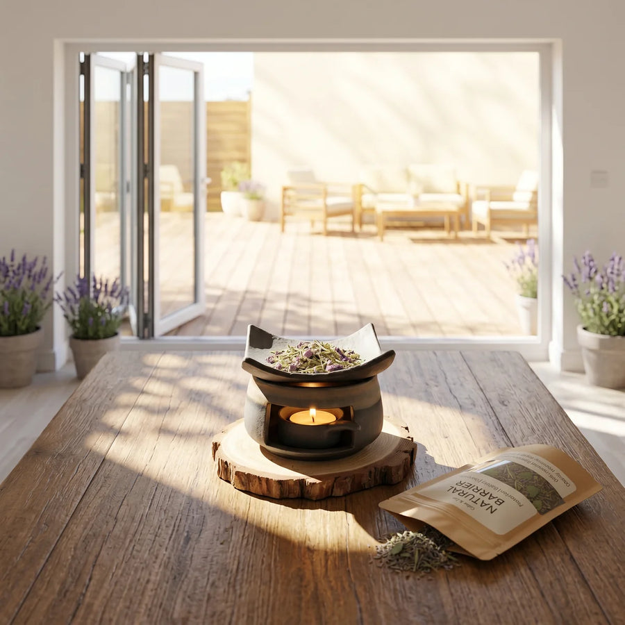 Natural Barrier Botanical Blend - aromatherapy burner on outdoor table with lavender