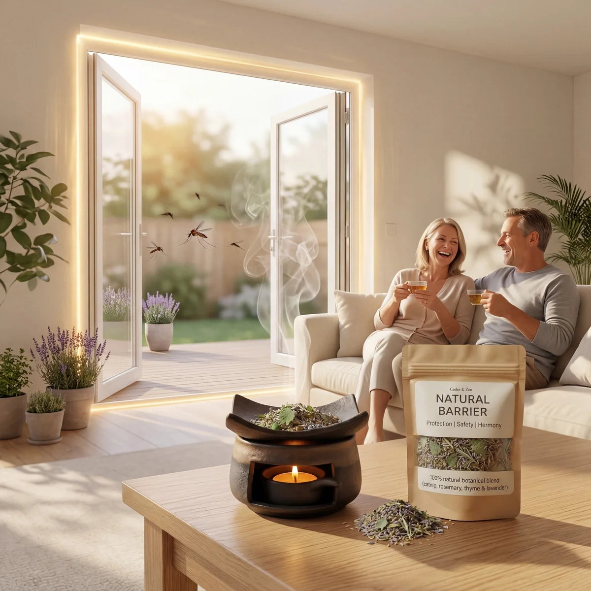 Natural Barrier Botanical Blend - couple enjoying mosquito-free home with burner and product pouch