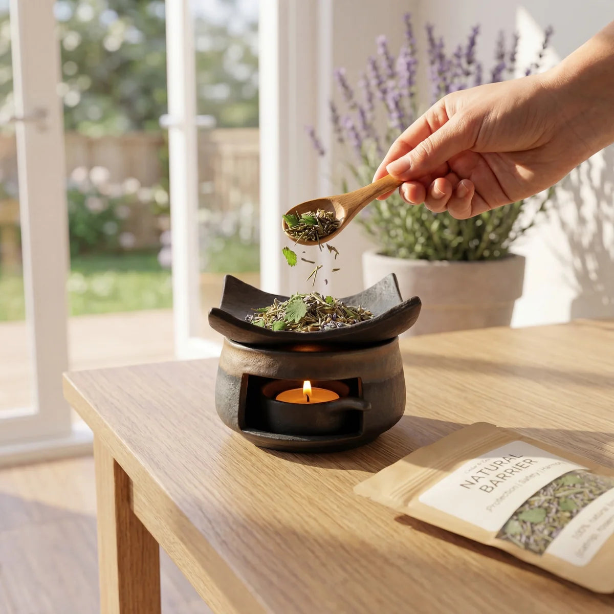 Natural Barrier Botanical Blend - hand sprinkling herbs into burner near window