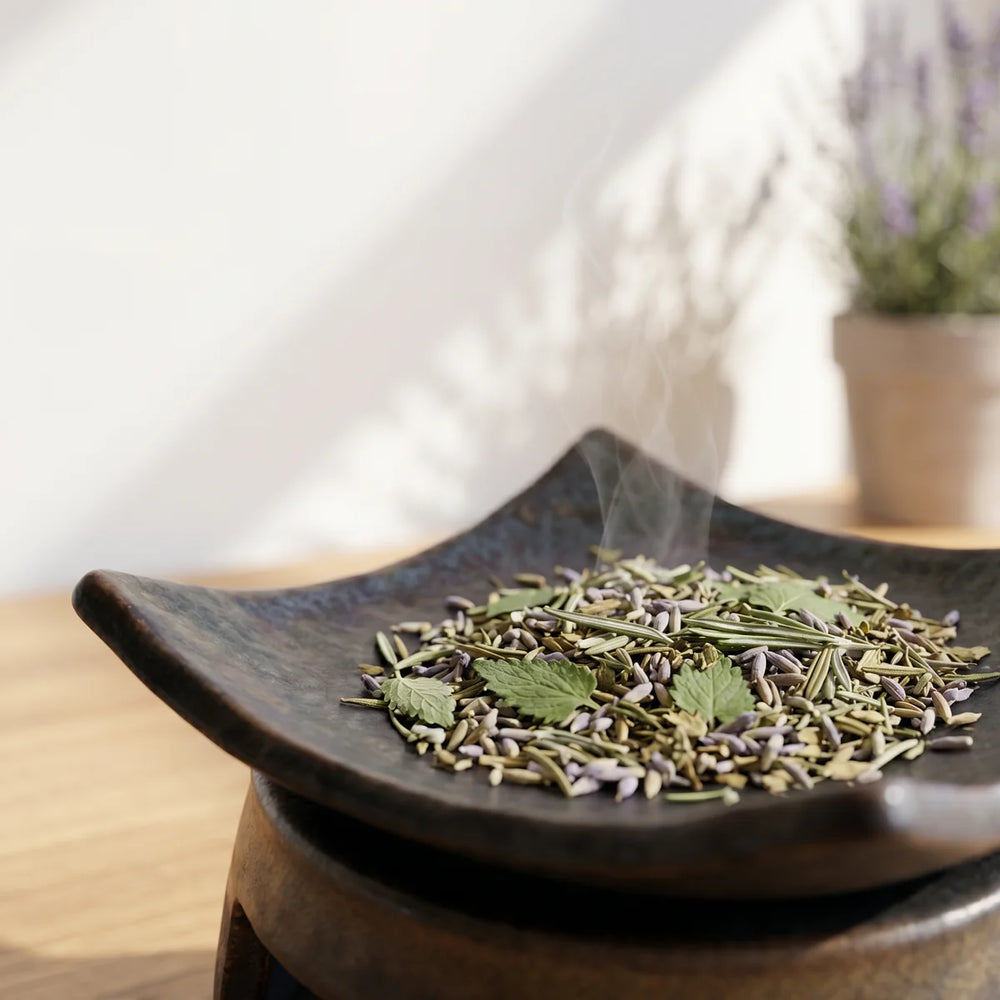 Natural Barrier Botanical Blend - herbs steaming on ceramic burner plate with lavender in background