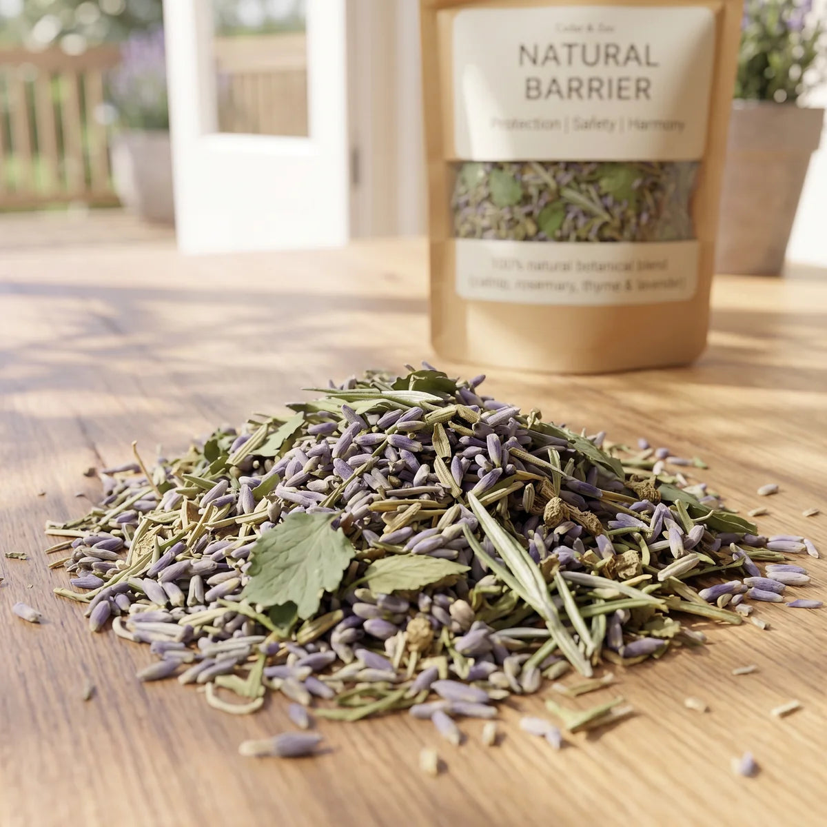 Natural Barrier Botanical Blend - herb pile with Natural Barrier pouch on wood table
