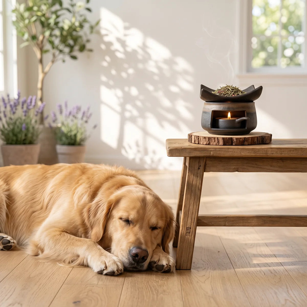 Natural Barrier Botanical Blend - golden retriever relaxing beside aromatherapy kit
