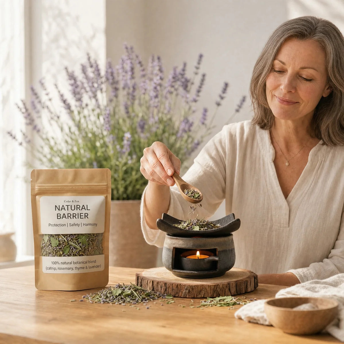 Natural Barrier Botanical Blend - woman spooning herbs into aromatherapy burner